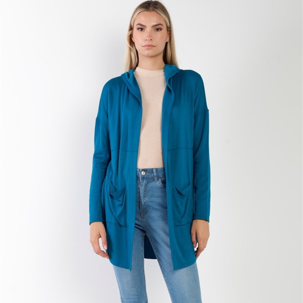 Blue Long Sleeve Open Front Hooded Cardigan   sz  sm  med  lg